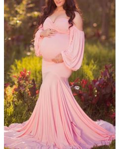 Maxi vestido sesión de fotos embarazada irregular cuello barco elegante maternidad rosa