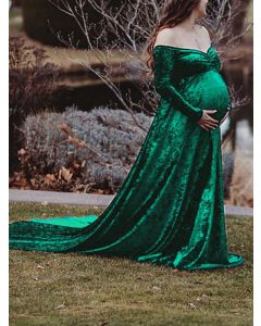 Green Draped Maternity For Babyshower Flowy Off Shoulder Long Sleeve Elegant Maternity Maxi Dress