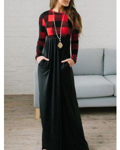 Black And Red Patchwork Plaid Pockets Round Neck Long Sleeve Casual Maxi Dress
