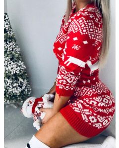 Rotes Weihnachtsmuster Rundhals Langarm Elegant Bodycon Pullover Minikleid