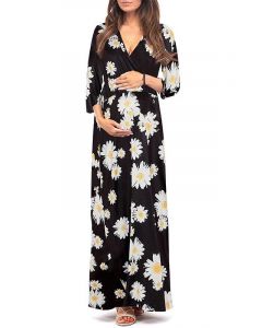 Maxi vestido flores maternidad multifuncional Y mujeres lactantes cuello en V manga al codo enfermería informal negro