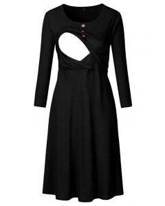 Black Buttons Multi-Functional Maternity and Lactant Women Round Neck Long Sleeve Casual Nursing Midi Dress