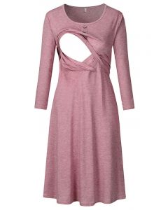 Pink Buttons Multi-Functional Maternity and Lactant Women Round Neck Long Sleeve Casual Nursing Midi Dress
