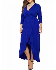 Royal Blue Irregular V-neck Long Sleeve Casual Plus Size Midi Dress