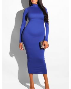 Royal Blue High Neck Long Sleeve Fashion Bodycon Midi Dress