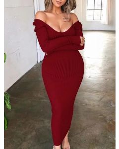 Wine Red Off Shoulder V-neck Long Sleeve Fashion Bodycon Sweater Midi Dress