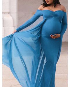 Maxi abito maternità irregolare per babyshower fluido con spalle scoperte manica lunga maternità elegante blu