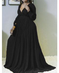 Maxi vestido escote en V plisado manga larga elegante columpio grande de talla grande negro