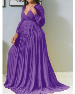 Purple Pleated V-neck Long Sleeve Elegant Big Swing Plus Size Maxi Dress
