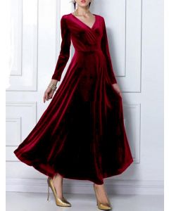 Wine Red Draped V-neck Long Sleeve Elegant Big Swing Maxi Dress