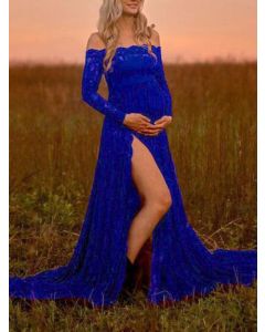 Robe longue maternité en dentelle pour babyshower fente latérale sur l'épaule manches longues maternité élégante bleu