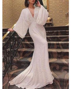 White Sequin Backless Plunging Neckline Long Sleeve Elegant Cocktail Party Maxi Dress