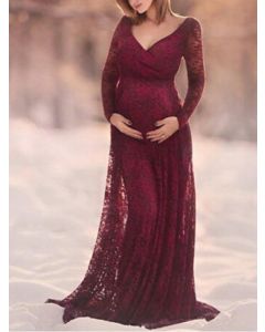 Robe longue maternité drapée en dentelle pour babyshower col en V manches longues maternité élégante rouge foncé