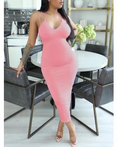 Pink Condole Belt Lace-up Backless V-neck Fashion Maternity Bodycon Maxi Dress