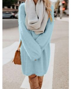 Blaues langärmliges lässiges Oversize-Pullover-Minikleid mit Rundhalsausschnitt
