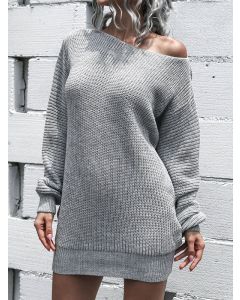 Grey One-shoulder Long Sleeve Casual Oversize Sweater Mini Dress