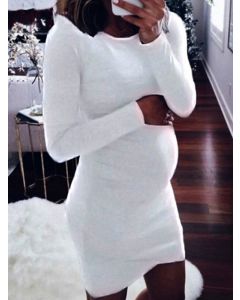White Round Neck Long Sleeve Casual Maternity Bodycon Mini Dress