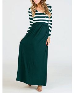 Dark Green Patchwork Striped Pockets Belt Long Sleeve Casual Maxi Dress