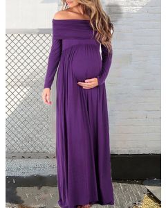 Lila drapiertes Umstandskleid für Babyshower schulterfreies langärmliges elegantes Maxikleid für Schwangere