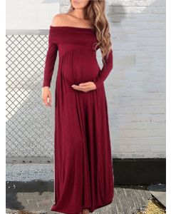 Wine Red Draped Maternity For Babyshower Off Shoulder Long Sleeve Elegant Maternity Maxi Dress