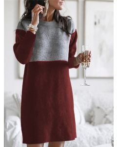 Wine Red Patchwork Round Neck Long Sleeve Casual Sweater Mini Dress