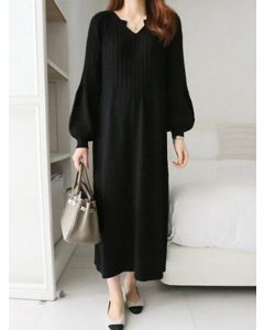 Black V-neck Long Sleeve Casual Oversize Sweater Maxi Dress