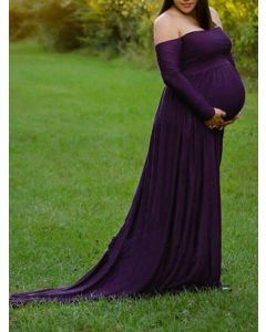 Lila drapiertes Umstandskleid für Babyshower schulterfreies langärmliges elegantes Maxikleid für Schwangere