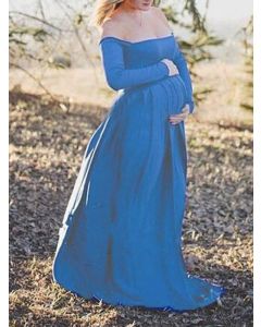 Blue Draped Maternity For Babyshower Off Shoulder Long Sleeve Elegant Maternity Maxi Dress