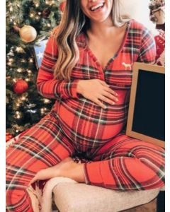 Red Plaid Print V-neck Long Sleeve Casual Christmas Maternity Long Jumpsuit