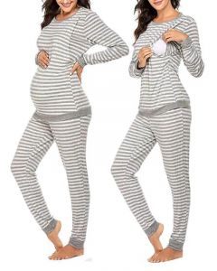 Grey Striped Multi-Functional Maternity and Lactant Women Long Sleeve Casual Maternity Nursing Long Pajama Set