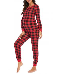 Red Plaid Round Neck Long Sleeve Casual Maternity Long Pajama Set