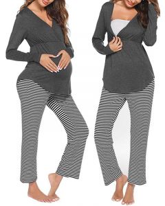 Dark Grey Striped Cross Chest Multi-Functional Maternity and Lactant Women V-Neck Long Sleeve Casual Maternity Nursing Long Pajama Set