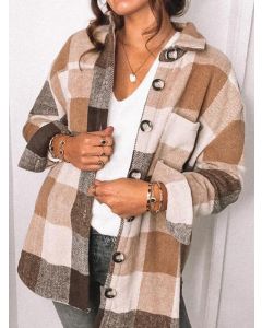Brown Plaid Single Breasted Pockets Turndown Collar Casual Blouse Jacket