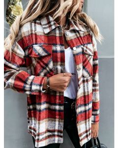Red Plaid Single Breasted Pockets Turndown Collar Casual Blouse Jacket