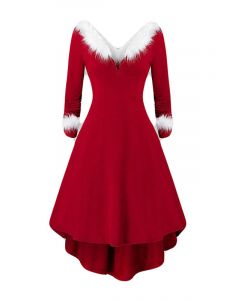 Red Patchwork V-neck Long Sleeve Elegant Fluffy Big Swing Christmas Midi Dress
