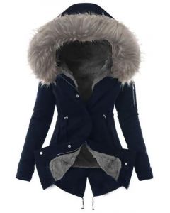 Dark Blue Zipper Pockets Buttons Drawstring Faux Fur Hooded Fashion Padded Coat