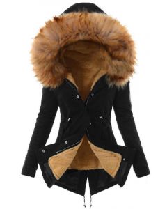 Black Zipper Buttons Drawstring Pockets Faux Fur Hooded Fashion Padded Coat
