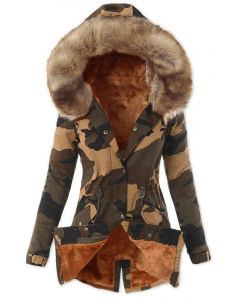 Manteau rembourré fermeture à glissière poches à cordon fausse fourrure mode à capuche camouflage marron.