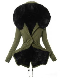 Black Zipper Buttons Drawstring Pockets Faux Fur Hooded Fashion Padded Coat