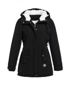 Schwarze Taschen Reißverschlussknöpfe Kordelzug mit Kapuze Streetwear gepolsterter Mantel