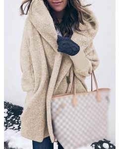 Beige Pockets Hooded Long Sleeve Fashion Fluffy Faux Fur Coat