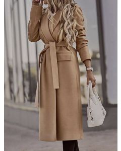 Khaki Pockets Belt Turndown Collar Long Sleeve Fashion Wool Coat