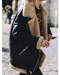 Black Zipper Pockets Belt Turndown Collar Fashion Plus Size Lamb Wool Coat