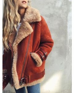 Brick Red Zipper Pockets Belt Turndown Collar Fashion Plus Size Lamb Wool Coat