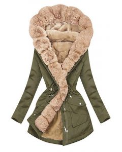 Army Green Zipper Buttons Drawstring Pockets Faux Fur Hooded Fashion Padded Coat