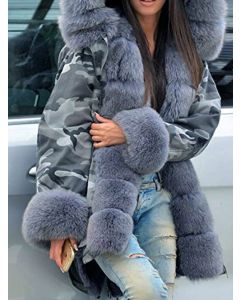 Grey Camouflage Pockets Faux Fur Hooded Long Sleeve Streetwear Padded Coat