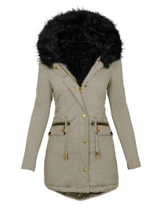 Grey Zipper Buttons Drawstring Pockets Faux Fur Hooded Fashion Plus Size Padded Coat