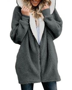 Dark Grey Zipper Hooded Long Sleeve Casual Plus Size Teddy Coat