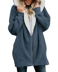 Denim Blue Grey Zipper Hooded Long Sleeve Casual Plus Size Teddy Coat