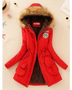 Red Zipper Buttons Drawstring Pockets Faux Fur Hooded Fashion Lamb Wool Coat
